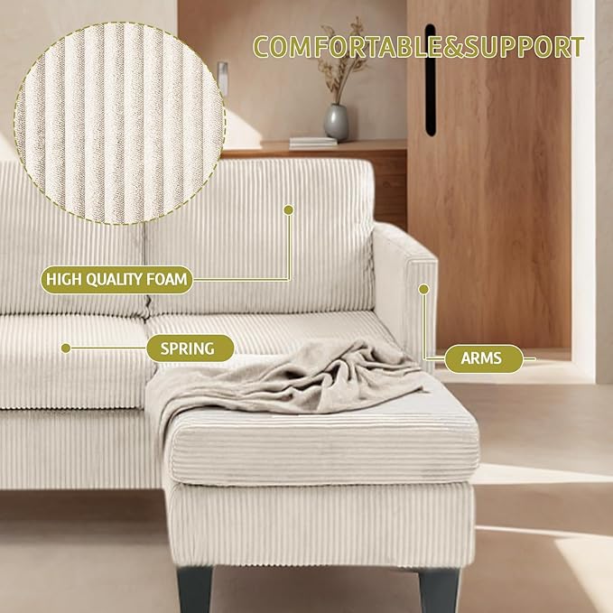67'' L-Shaped Velvet Modular Sectional Couch Sofa with Ottoman 3-Seat Convertible Cloud Deep Seat Sofa Couches for Living Room Bedroom Apartment Cozy Chaise Lounge Sofas (Off White)