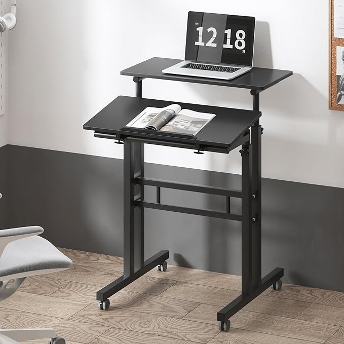 sogesfurniture Mobile Standing Computer Desk for Home Office Height Adjustable Laptop Workstation on Wheels with Keyboard Tray Small Portable Rolling Writing Table Sit to Stand Riser Black