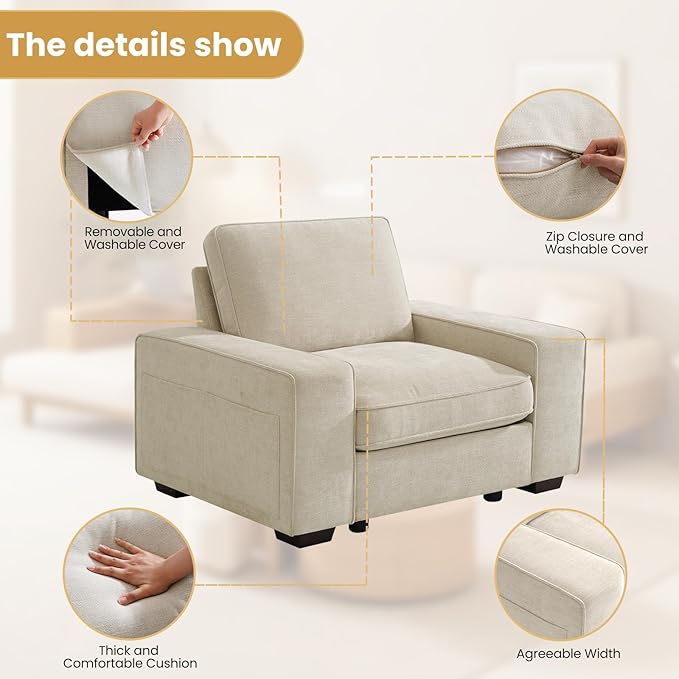 45 Accent Chair Oversized Wide Armchair with Seat Storage and Side Pockets Single Sofa Chair Modern Chenille Couch for Living Room Office Apartment Washable CoversUSB Charging Port Beige