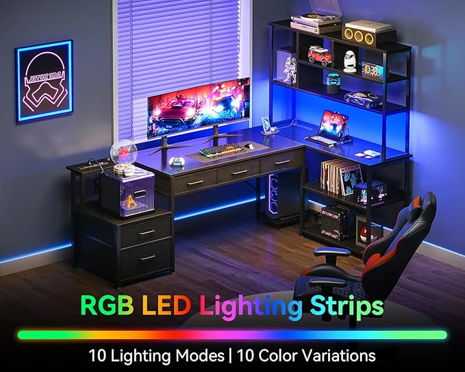 AODK 71 inch L Shaped Desk with 5 Drawers Reversible L Shaped Gaming Desk with LED Light &amp 2 Power Outlets Computer Desk with Storage Shelves for Home Office Black