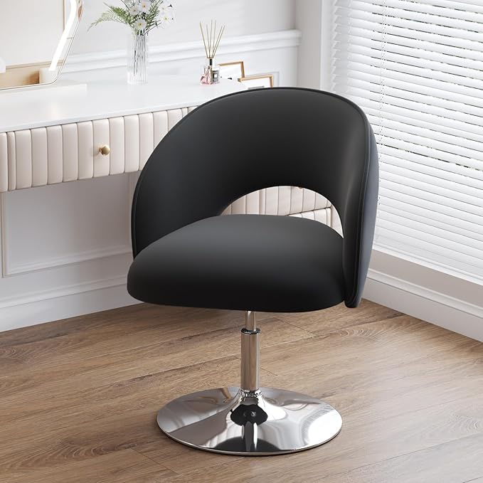 Furniliving Vanity Chair Salon Chair Flexible Round-Back 360° Accent Chair with Plated Frame Height Adjustable Swivel Chairs for Living Room Bedroom Lounge Pub Bar Velvet Black