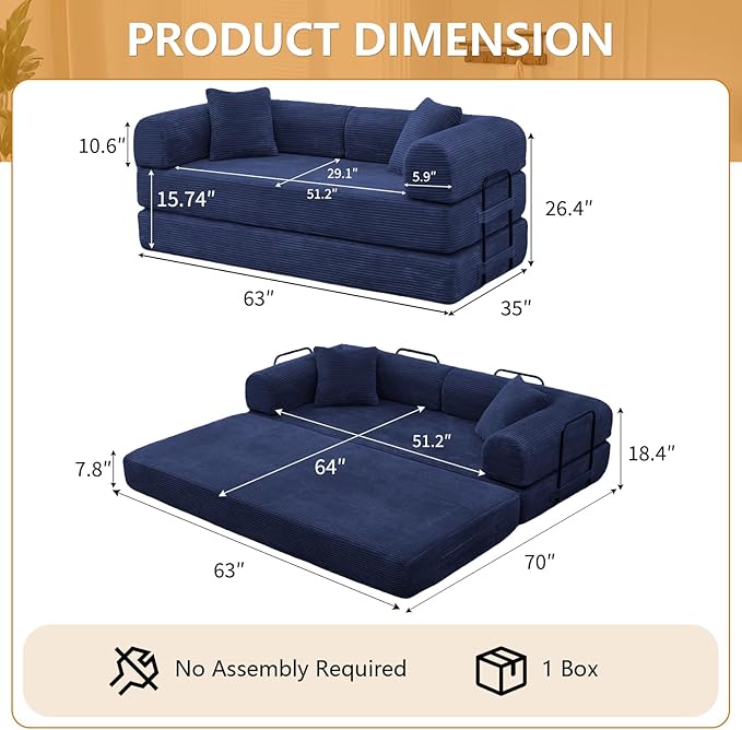 JJJ 63 inch Sofa Bed 4-in-1 Boneless Convertible Corduroy Sleeper Folding Couch with Fixed-Shape Frame and 2 Futons No Assemble Required 3 Seater Upholstered for Living Room (Blue 63 inch)