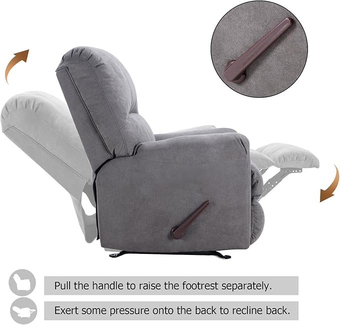 CANMOV Rocker Recliner Chair for AdultsManual Recliner Chair with Overstuffed Backrest and Armrests Soft Fabric Manual Rocking Reclining Sofa for Living RoomGrey