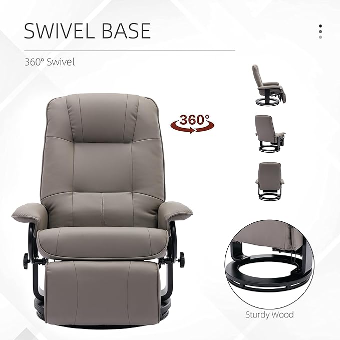 Faux Leather Manual ReclinerAdjustable Swivel Lounge Chair with FootrestCan Rotate 360 DegreesL-Right Angle Curved Wooden Frame Armrest and Wrapped Wood Base for Living RoomGrey