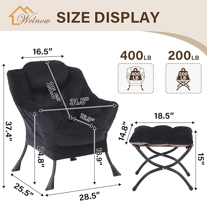 Welnow Lazy Chair with Ottoman Modern Accent Chair with Armrests and a Side Pocket Leisure Sofa Armchair Reading Armchair with Footrest for Small Space Black