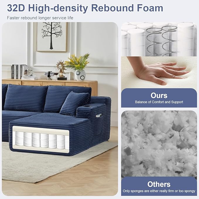 134 U Shaped Boneless Couch with Chaise Oversized Modular Sectional Sofa with Cupholders &amp Storage Corduroy Cloud Couches for Living Room Free Combination No Assembly Required Blue