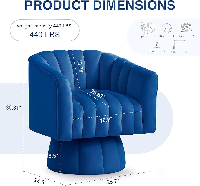 YSICK Swivel Accent Chair 360°Swivel Barrel Chair Modern Ottoman with Velvet Fabric Mid-Century Ottoman with Wide Upholstered Round Armchair for Living Room Lounge BedroomBlue