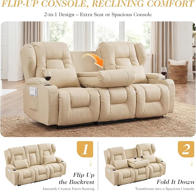 Loveseat Recliner Sofa with Flip Middle Seat3 Seater Reclining Couch Wall Hugger Recliners for Small SpacesFabric Manual 3 Seater Sofa Recliner with Cup Holders/Lumbar PillowsRV FurnitureBeige