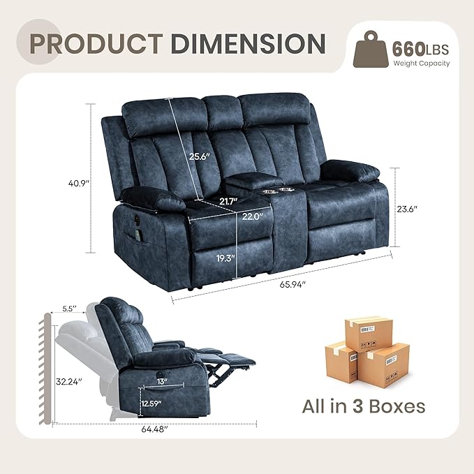 Power Reclining Loveseat with Heat &amp Massage Dual Recliner Sofa with Console Cup Holders USB &amp Type-C Ports 2 Seater Electric Reclining Couch for Living Room RV (Blue 2 Seat)