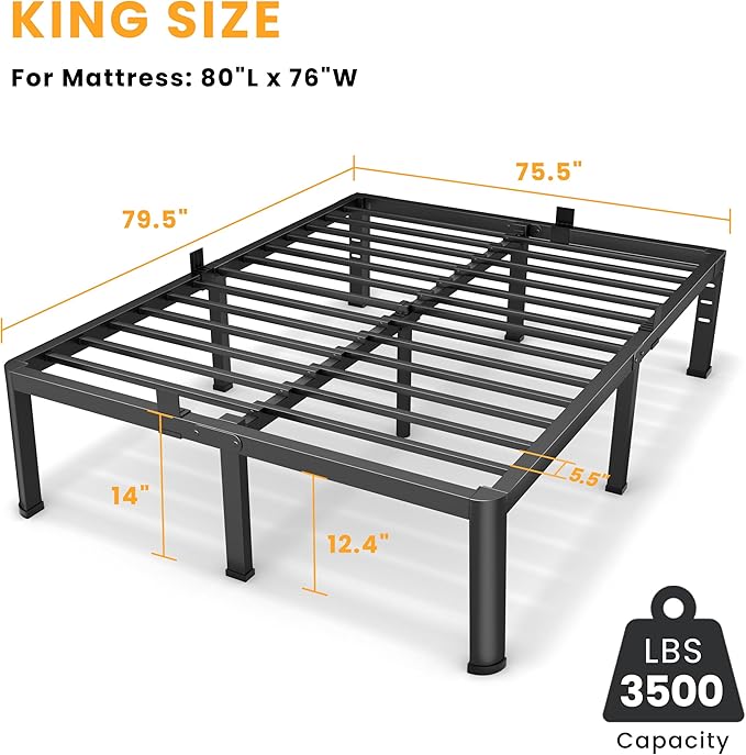 14 Inch King Bed Frame Metal Platform Bed Frame with Round Corner Legs 3500 lbs Heavy Duty Steel Slats Support No Box Spring Needed Noise Free Easy Assembly Black