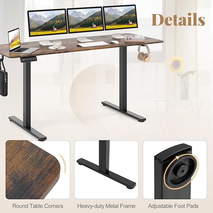 Giantex 63 x 24 Electric Standing Desk with Adjustable Height Stand up Computer Workstation with Cable Hole Hook Modern Gaming Table Ergonomic Sit Stand Desks for Home Office (Rustic Brown)