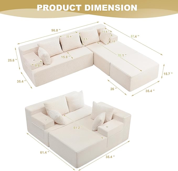 Boneless Couch Cloud Modular Sectional Sofa Modern Convertible L Shaped 3 Seat Deep Seat Boneless Couches with 5 Pillows for Living Room Apartment (Beige Right Facing Chaise+Ottoman)