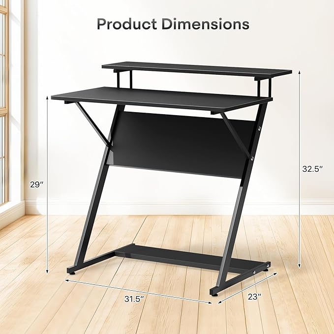 Athena Collection Gaming Desk Z-Shaped Computer Desk with Shelves Small Desk Standing Desk Gaming Table Metal Frame Wood Writing Desk for Bedroom Office Living Room Black