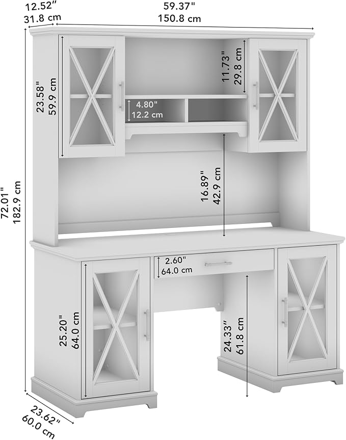 Bush Furniture Lennox 60W Farmhouse Desk with Hutch and Keyboard Tray in Linen White Oak | Computer Table for Home Office