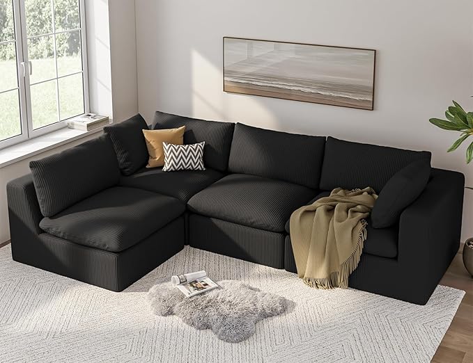 ARSURA 106” Cloud Couch for Living Room | L-Shaped Boneless Couch | Modular Sectional Couch | Corduroy Black