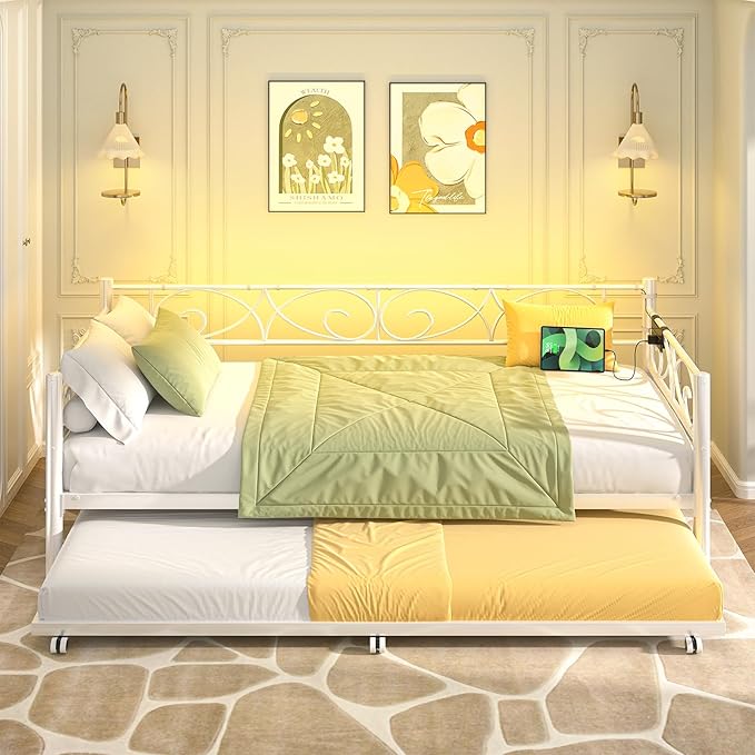 Unikito Daybed with Trundle Bed Twin Bed Frame with Charging Station and LED Lights Metal Sofa Day Bed with Pop Up Trundle and Steel Slat Support for Living Room Bedroom and Guest Room White
