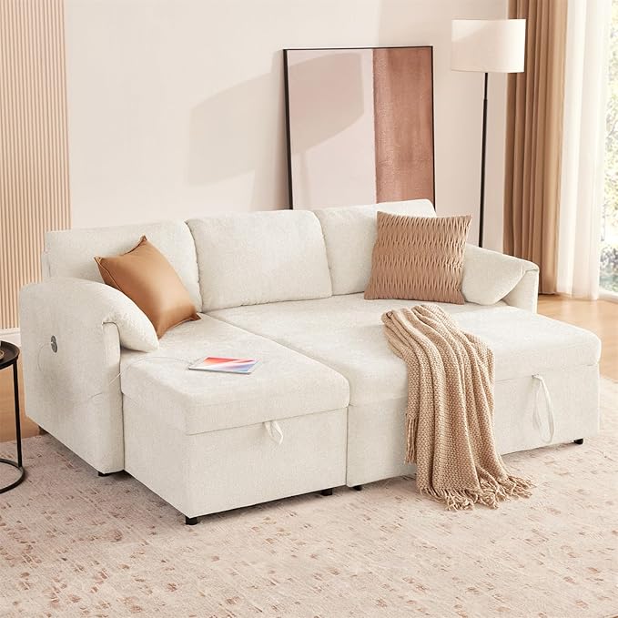 Tbfit 83'' 3 in 1 Sleeper Sofa Couch with USB &amp Storage Chaise Sherpa Sofa Bed with Pull Out Bed Convertible Sleeper Sofas for Living Room Small Spaces White