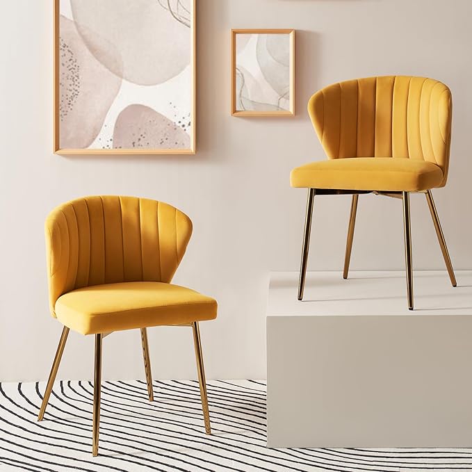 HULALA HOME Dining Chairs Set of 2 Velvet Upholstered Kitchen &amp Dining Room Chairs With Metal Legs Vanity Chair Armless Side Chairs for Living Room Bedroom Restaurant Channel Curved Backrest Mus