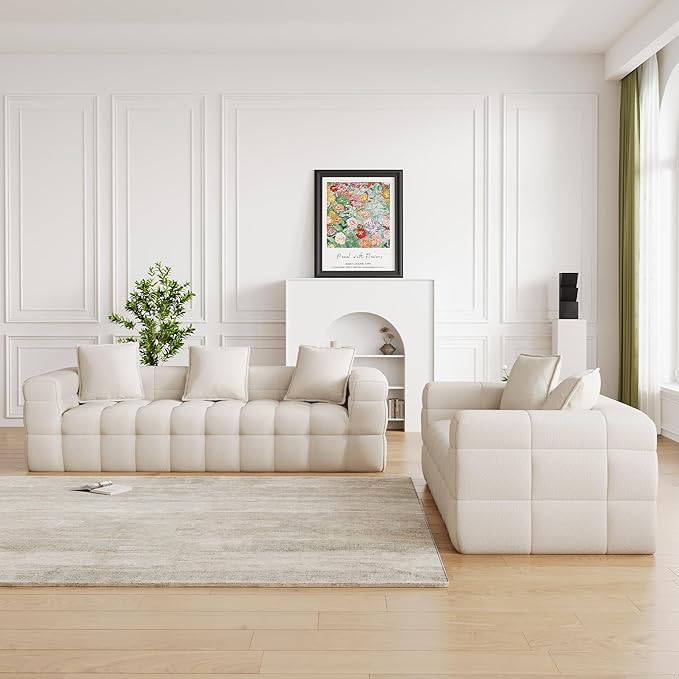 2 Piece Cloud Sofas Set Comfy Tufted Deep Seat 2 Seater Loveseat &amp 3 Seater Couch Sets Modern Chenille Compression Bubble Sofa for Living Room No Assembly Required Beige White