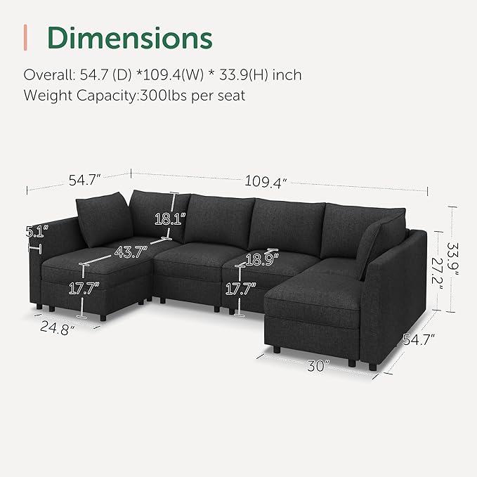 HONBAY Modular Sectional Sofa Couch with Storage Modern U Shaped Sectional Sofa Convertible Sectional Couch for Living Room - Linen Grey