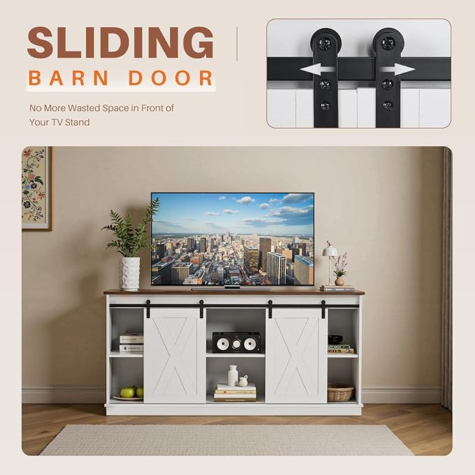 Sweetcrispy Farmhouse TV Stand 65 Inch for Living Room Bedroom White Tall Entertainment Center with Storage Shelves Media Console Cabinet with Wood Board 300 LBS Capacity and Sliding Barn Door
