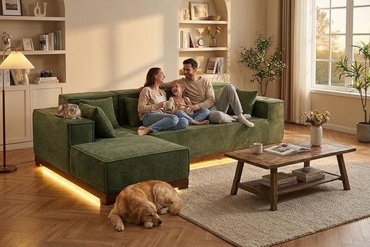 LIKIMIO 110” L-Shaped Sofa with LED Lights Cloud Boneless Couch with Oversized Chaise Deep Seat Built-in Holder &amp Storage Pocket Upholstered Couches for Living Room and Apartment Green