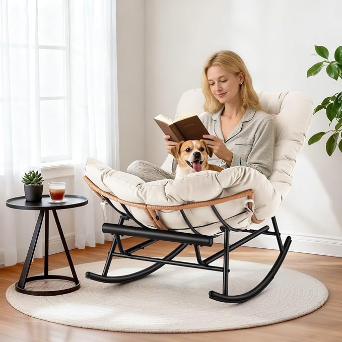 GarveeHome Indoor Papasan Rocking Chair Rattan Rocker with Extendable Footrest &amp Detachable Polyester Cushion 352lbs Sturdy Large Reading Lounge for Indoor Bedroom Living Room Beige