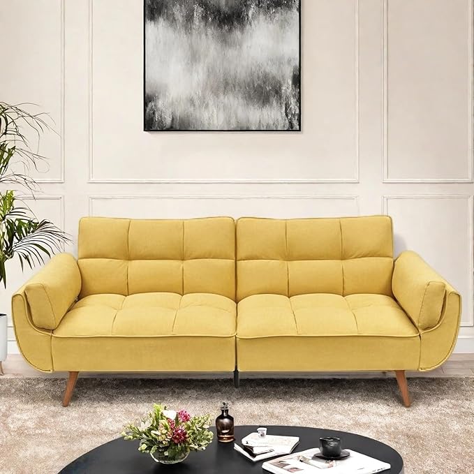 Convertible Futon Sofa Bed Modern Futon Couch with 2 Pillows Small Futons Couch with Adjustable Armrest &amp Backrest Loveseat Sofa Bed for Living Room Bedroom Yellow