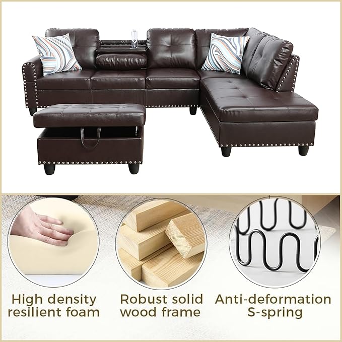 FONTOI Leather Sectional Couch with Otttoman 97 L Shaped Couch Sectional Sofa for Living Room Modern Modular Couches with Cup Holders for Bedroom Apartments Brown