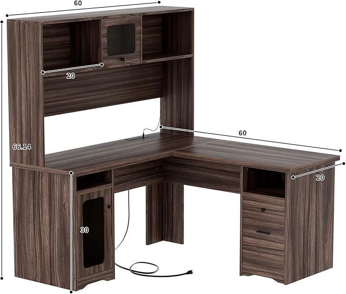 Unikito L Shaped Desk with Drawers 60 Inch Office Desk with Power Outlet and LED Lights Sturdy Corner Computer Desk with Hutch and File Cabinets 2 Person Home Office Gaming Table Rustic Oak