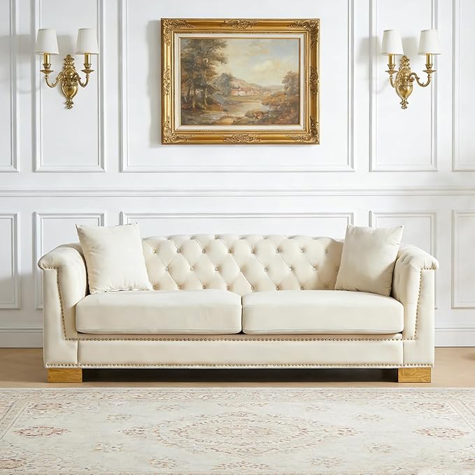 84 Chesterfield Sofa 3 Seater Tufted Velvet Couch with Rolled Arms Mid Century Modern Love Seat with Nailhead Trim&ampRemovable Cushions&ampGold Block Legs Comfy Deep Seat Couches for Living Roo