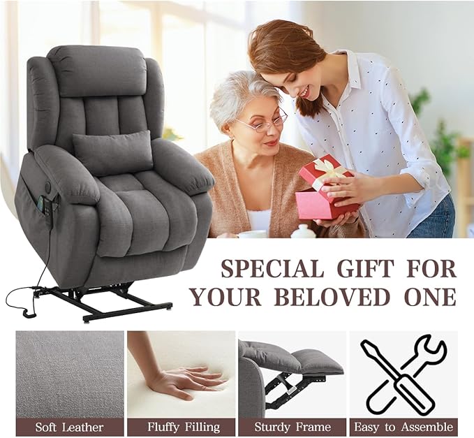 Infinite Position Lay Flat Lift Recliner Chair for Adults Dual Motor Power Lift Chair for Elderly with Massage &amp Heating USB Ports Remote Control &amp Lumbar Pillow Linen Fabric (Grey)