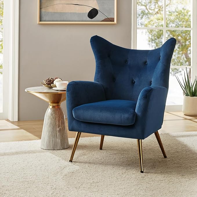HULALA HOME Velvet Accent Chair Set of 2 Modern Wingback Arm Chair with Metal Gold Legs Velvet Tufted Upholstered Single Sofa Chair (Navy)