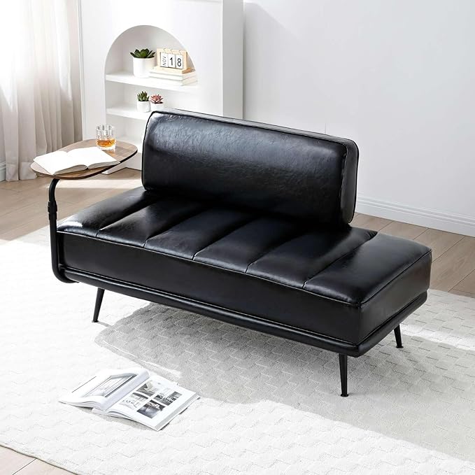 55 Modern Faux Leather Loveseat with 360° Swivel Side Table Mid-Century Tufted 2-Seater Sofa Bench for Living Room Entryway with Metal Legs and Backrest