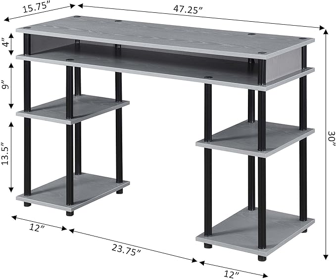 Convenience Concepts Designs2Go No Tools Desk Home Office Desk with Shelves Corner Shelf Vanity Desk Computer Desk Nail Table for Nail Tech - 47.25 L x 15.75 W x 30 H Gray/Black