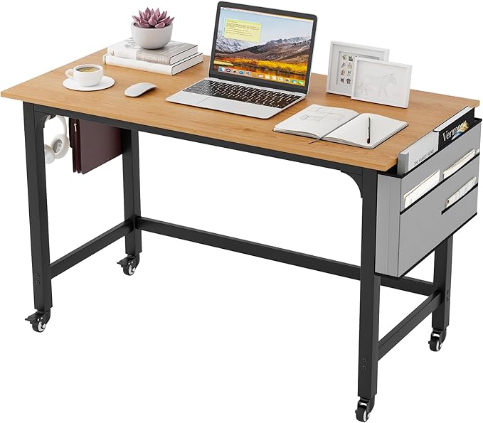 Tangkula 48” Mobile Computer Desk with Storage Bag &amp 2 Hanging Hooks Rolling Home Office Writing Study Desk Rolling PC Workstation with Lockable Universal Casters for Study Room Bedroom