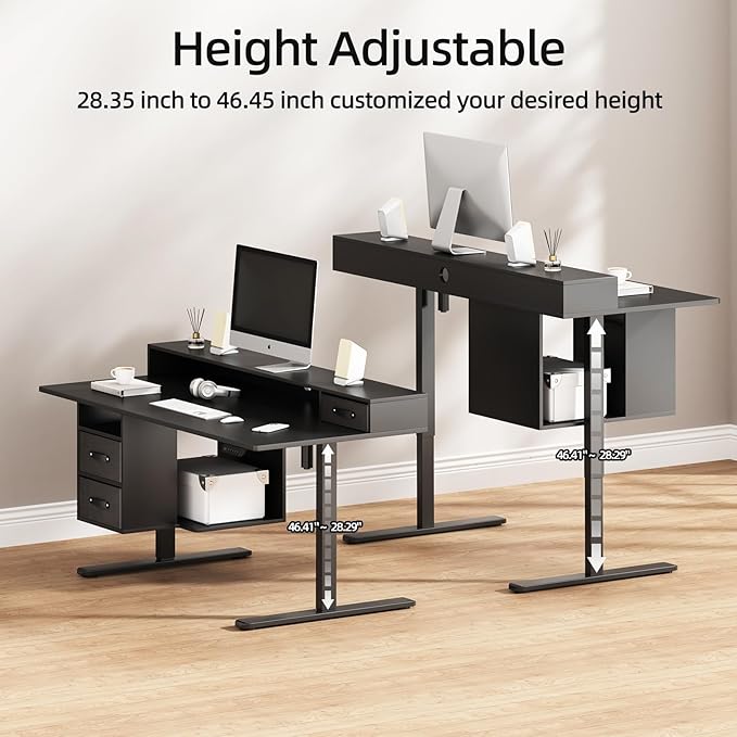 63x24 Inches Standing Desk with Drawers Electric Computer Desk with Open Storage Shelf Stand Up Desk Adjustable Height 28-46 Inches for Home and Computer Workstation Black