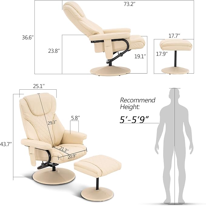 MCombo Recliner with Ottoman Reclining Chair with Massage 360 Swivel Living Room Chair Faux Leather 4901 (Cream White)