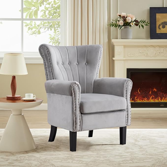 Velvet Accent Chair Single Modern Armchair with Riveted Decorative Mid-Century High Wingback Reading Chair Sturdy Sofa Living Room ChairsGrey