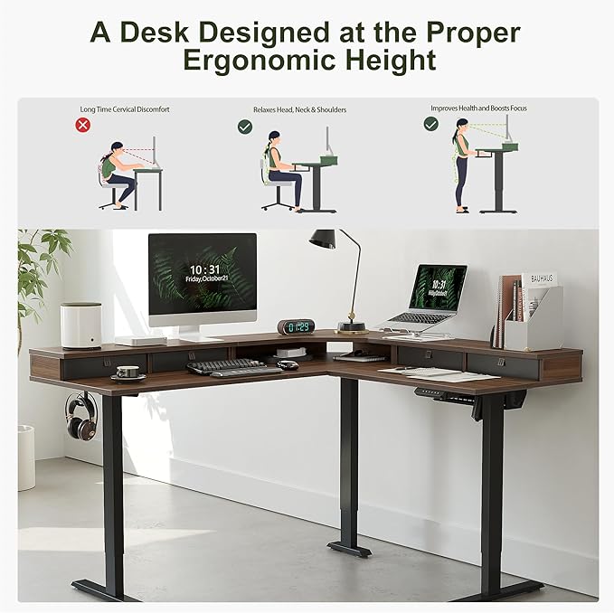 BANTI Triple Motor 75 L-Shape Standing Desk with 5 Drawers Sit Stand Home Office Desk Computer Workstation Corner Standing Desk with Spliced Panels Black Walnut Top