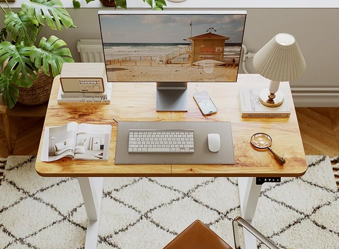 BANTI Small Electric Standing Desk Stand up Height Adjustable Home Office Table Sit Stand Desk with Splice Board 44x24 Light Rustic Brown Top