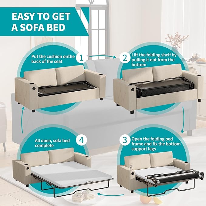 BALUS Pull Out Sofa Bed 2-in-1 Convertible Sofa Couch with Memory Foam Mattress Queen Size Sleeper Couch with Inbuilt Cup Holder &amp USB Ports for Living Room White