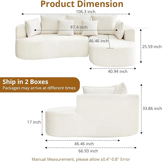 Curved Cloud Boneless Couch 106’’ Modern Comfy L-Shape No Assembly Required Sofa with Chenille Fabric Deep Seat Loveseat + Chaise for Living Room