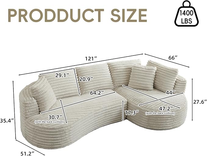 121 Cloud Sectional CouchOversized Corduroy Couches with L-Shape ChaiseModern Modular Sofa with Deep SeatUpholstered Boneless Couch for Living Room (Cream Right Facing Chaise)