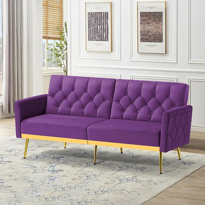 Velvet Sofa Bed w/Adjustable Armrests and Backrests Modern Convertible Sleeper Sofa Tufted Futon Sofa for Bedroom Living Room Apartment Purple