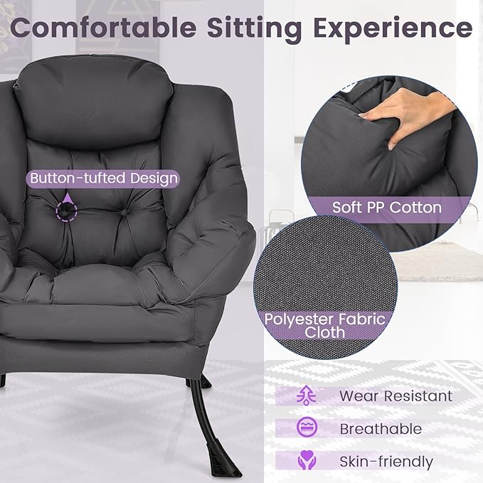 KOMFOTT Modern Accent Chair Soft Upholstered Lazy Sofa with Side Pocket &amp Armrests Single Sofa Armchair Leisure Sofa Chair for Living Room Bedroom Gray