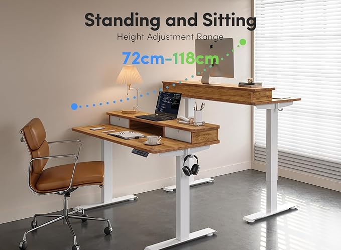 FEZIBO 40 x 24 Inch Height Adjustable Electric Standing Desk with Double Drawer Stand Up Desk with Storage Shelf Sit Stand Desk Light Rustic