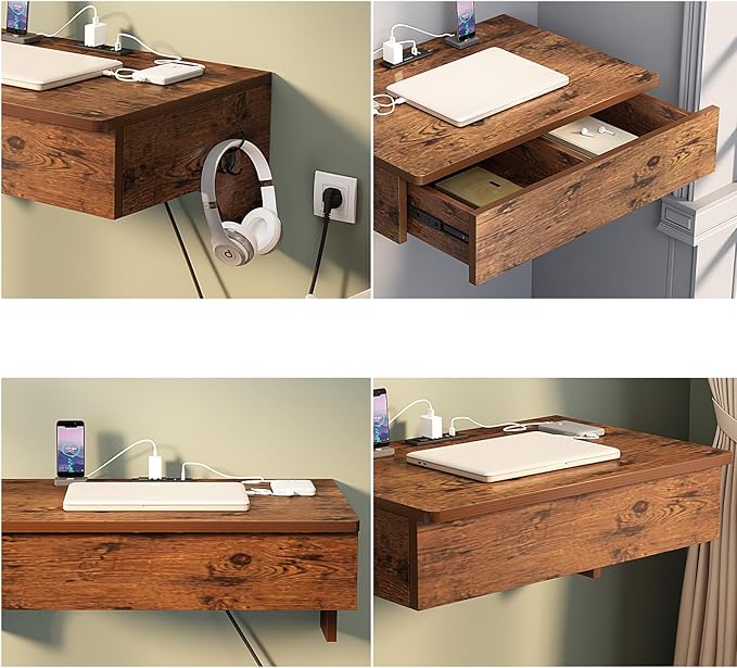 Wall Mounted Table with Power Outlets 28.4 W x 19.7 D Floating Table with Storage Drawers for Small Spaces Writing PC Desk with Headphone Hook for Home Office Brown (Brown)