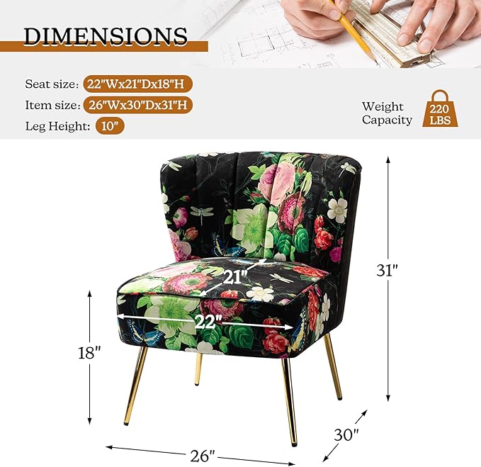 TINA'S HOME Armless Accent Chair with Gold Metal Legs Comfy Tufted Floral Fabric Living Room Chair Wingback Small Side Chair Upholstered Slipper Chair for Bedroom Reading Room (Print Flower BLACK)