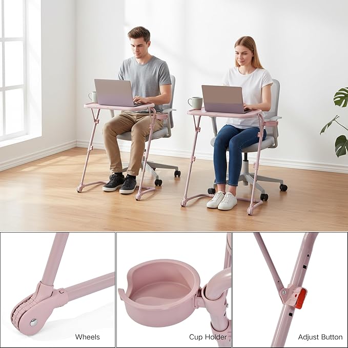Homy Casa Adjustable Z Shaped Study Desk with Cup Holder Space Saving Portable Laptop Foldable Table for Home Office Living Room &amp Bedroom Sturdy Metal Frame &amp PP Top Black (2PCS-Pink)